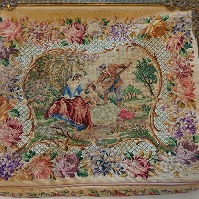 Vintage 30s French Petit Point Scenery banjo serenade Tapestry Girl Clutch Bag, Vintage silk inside Floral Tapestry Embroidered Bag with...
