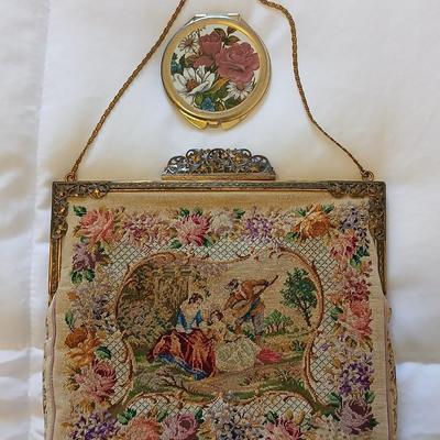 Vintage 30s French Petit Point Scenery banjo serenade Tapestry Girl Clutch Bag, Vintage silk inside Floral Tapestry Embroidered Bag with...