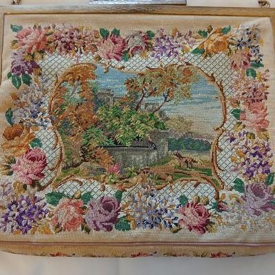 Vintage 30s French Petit Point Scenery banjo serenade Tapestry Girl Clutch Bag, Vintage silk inside Floral Tapestry Embroidered Bag with...