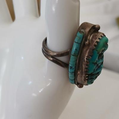 Vintage Navajo Les Baker LB Seafoam Turquoise Inlay Sterling silver ring
