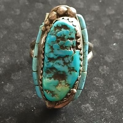 Vintage Navajo Les Baker LB Seafoam Turquoise Inlay Sterling silver ring