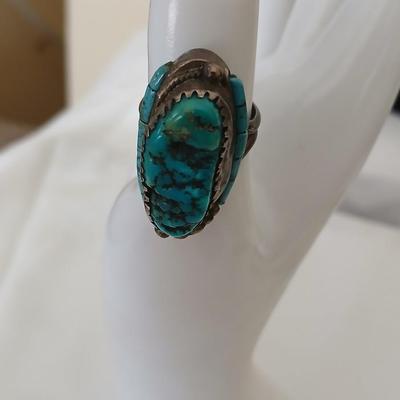 Vintage Navajo Les Baker LB Seafoam Turquoise Inlay Sterling silver ring