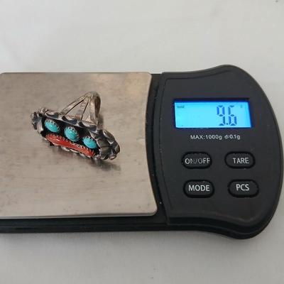 Atkinson Trading Post Navajo Sterling Silver Turquoise Coral Ring T. Silversmith - Size 5