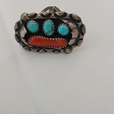 Atkinson Trading Post Navajo Sterling Silver Turquoise Coral Ring T. Silversmith - Size 5