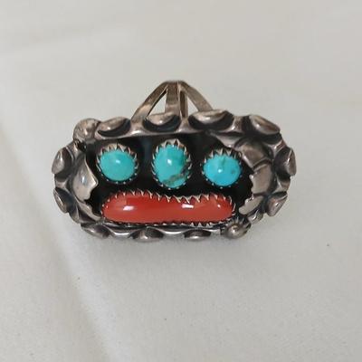 Atkinson Trading Post Navajo Sterling Silver Turquoise Coral Ring T. Silversmith - Size 5