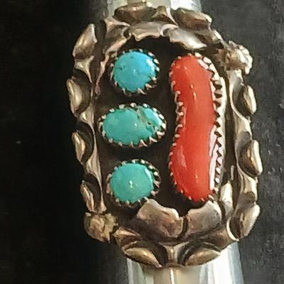 Atkinson Trading Post Navajo Sterling Silver Turquoise Coral Ring T. Silversmith - Size 5