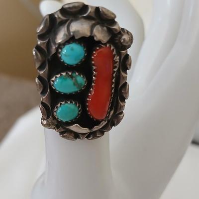 Atkinson Trading Post Navajo Sterling Silver Turquoise Coral Ring T. Silversmith - Size 5
