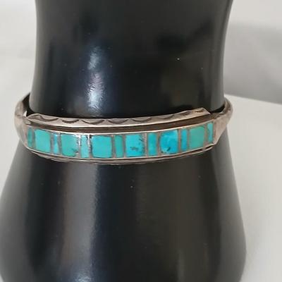 Antique Native American Zuni sterling silver cuff bracelet with flush turquoise channel inlay
