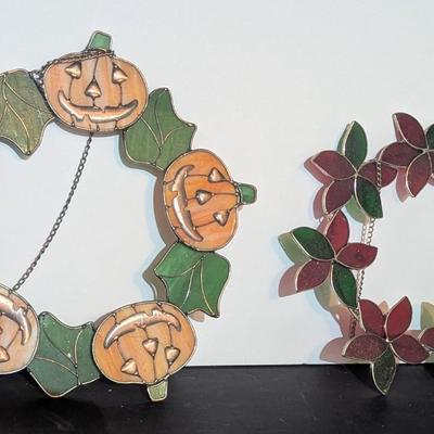 Stained Glass Holiday Wreaths Pumpkins & Poinsettia