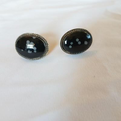 Snowflake Obsidian cufflinks and tie clip sterling silver