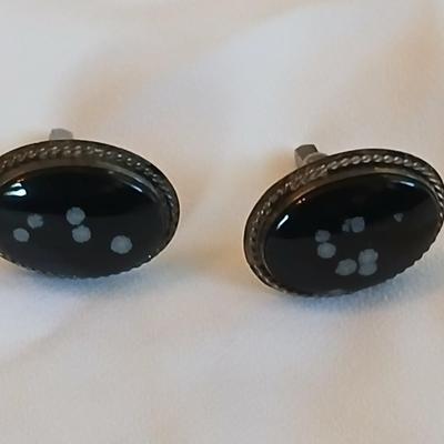 Snowflake Obsidian cufflinks and tie clip sterling silver