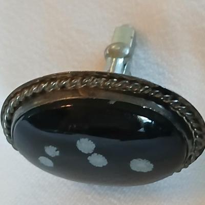 Snowflake Obsidian cufflinks and tie clip sterling silver