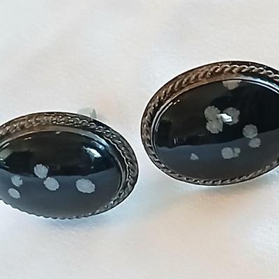 Snowflake Obsidian cufflinks and tie clip sterling silver
