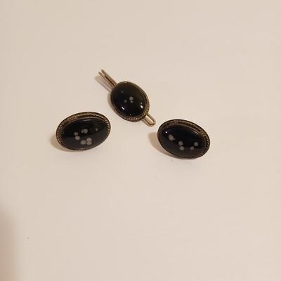 Snowflake Obsidian cufflinks and tie clip sterling silver