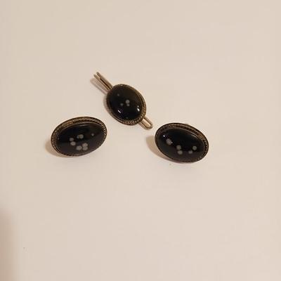 Snowflake Obsidian cufflinks and tie clip sterling silver