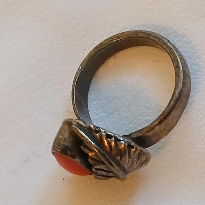 Navajo Handmade Ring 925 Silver Natural Mediterranean Coral setting - Size 5