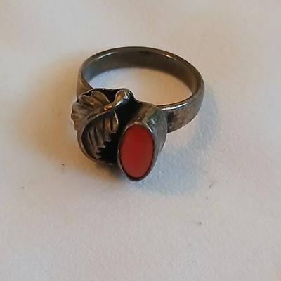 Navajo Handmade Ring 925 Silver Natural Mediterranean Coral setting - Size 5