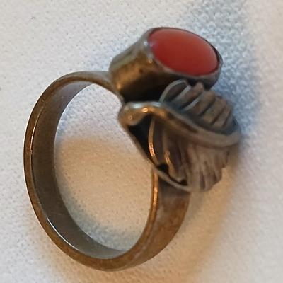 Navajo Handmade Ring 925 Silver Natural Mediterranean Coral setting - Size 5