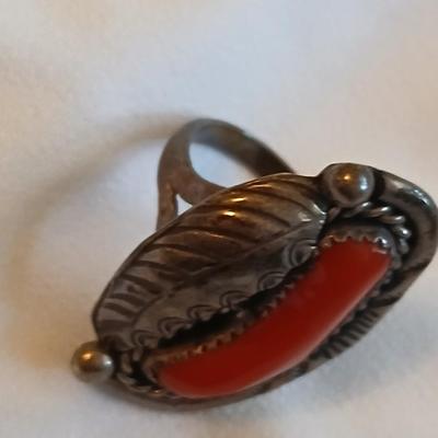 Navajo OLD Red Coral Branch Sterling Silver Hand Stamped Leaf Rope Ring