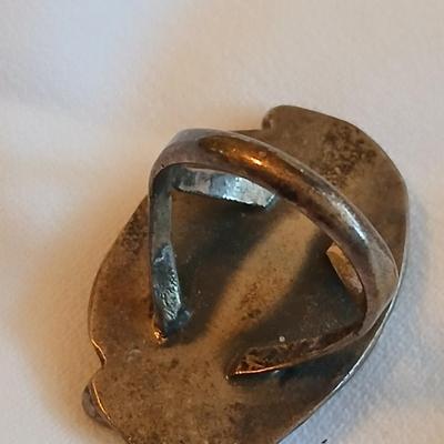 Navajo OLD Red Coral Branch Sterling Silver Hand Stamped Leaf Rope Ring