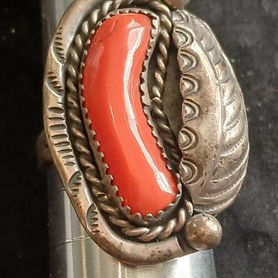Navajo OLD Red Coral Branch Sterling Silver Hand Stamped Leaf Rope Ring