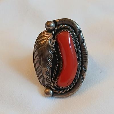 Navajo OLD Red Coral Branch Sterling Silver Hand Stamped Leaf Rope Ring