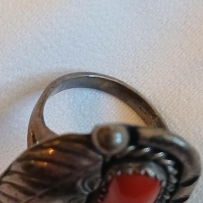 Navajo OLD Red Coral Branch Sterling Silver Hand Stamped Leaf Rope Ring