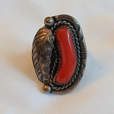 Navajo OLD Red Coral Branch Sterling Silver Hand Stamped Leaf Rope Ring