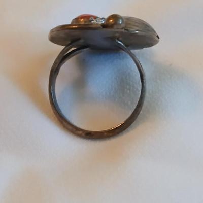 Navajo OLD Red Coral Branch Sterling Silver Hand Stamped Leaf Rope Ring