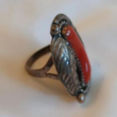 Navajo OLD Red Coral Branch Sterling Silver Hand Stamped Leaf Rope Ring