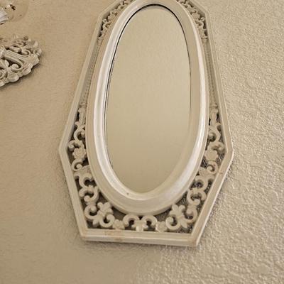 White framed mirror with Candle sconce and wall pocket MCM era