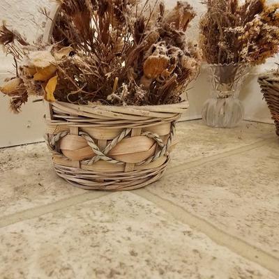 Windmill Hand painted on wood picture with dried floral baskets and vases