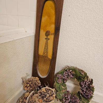 Windmill Hand painted on wood picture with dried floral baskets and vases
