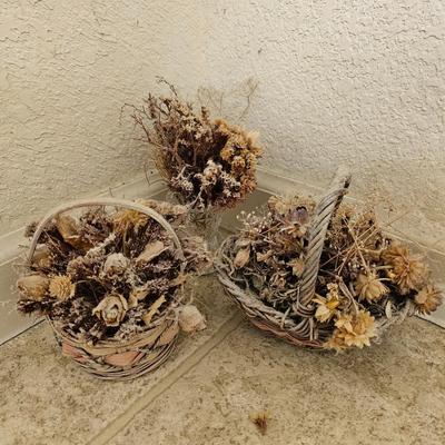Windmill Hand painted on wood picture with dried floral baskets and vases