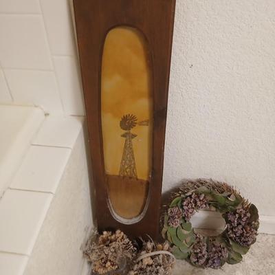 Windmill Hand painted on wood picture with dried floral baskets and vases