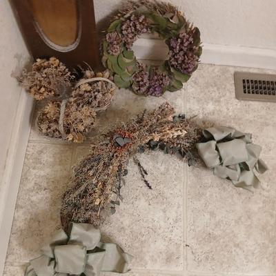 Windmill Hand painted on wood picture with dried floral baskets and vases