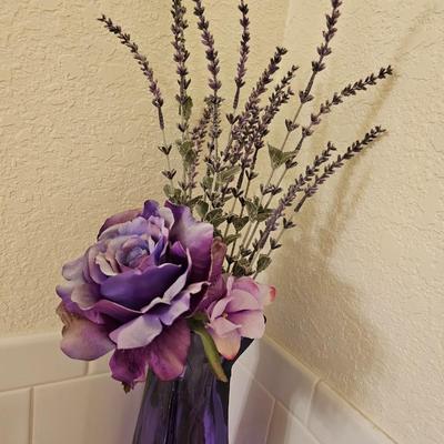 Large purple glass vase with two candles and a double dish silver tray swan dish