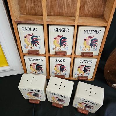 Vintage 1950's Wooden/Ceramic Rooster Spice Rack Made in Japan with rooster painting and eggs & cheese painting on wood