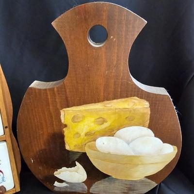 Vintage 1950's Wooden/Ceramic Rooster Spice Rack Made in Japan with rooster painting and eggs & cheese painting on wood
