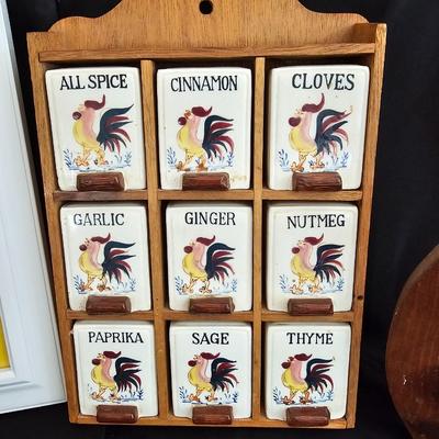 Vintage 1950's Wooden/Ceramic Rooster Spice Rack Made in Japan with rooster painting and eggs & cheese painting on wood