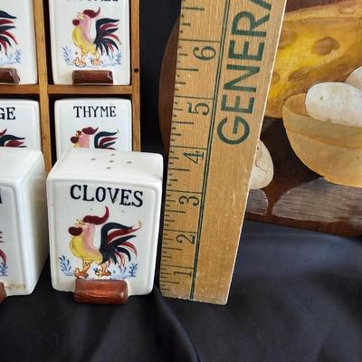 Vintage 1950's Wooden/Ceramic Rooster Spice Rack Made in Japan with rooster painting and eggs & cheese painting on wood