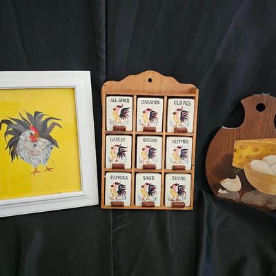 Vintage 1950's Wooden/Ceramic Rooster Spice Rack Made in Japan with rooster painting and eggs & cheese painting on wood