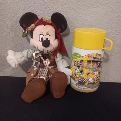 VINTAGE ALADDIN MICKEY MOUSE THERMOS & A PLUSH MICKEY MOUSE "PIRATES OF THE CARIBBEAN"
