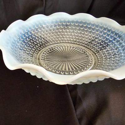 Beautiful Opalescent Moonstone 9½" Crimped Bowl and a Hocking Glass Moonstone Handled Heart Shaped Bon Bon Dish "Vintage"