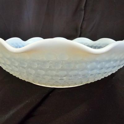 Beautiful Opalescent Moonstone 9½" Crimped Bowl and a Hocking Glass Moonstone Handled Heart Shaped Bon Bon Dish "Vintage"