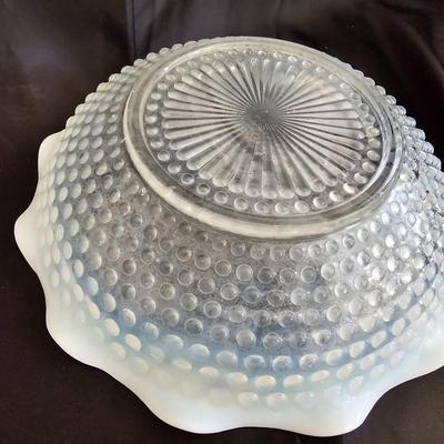 Beautiful Opalescent Moonstone 9½" Crimped Bowl and a Hocking Glass Moonstone Handled Heart Shaped Bon Bon Dish "Vintage"