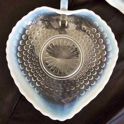 Beautiful Opalescent Moonstone 9½" Crimped Bowl and a Hocking Glass Moonstone Handled Heart Shaped Bon Bon Dish "Vintage"