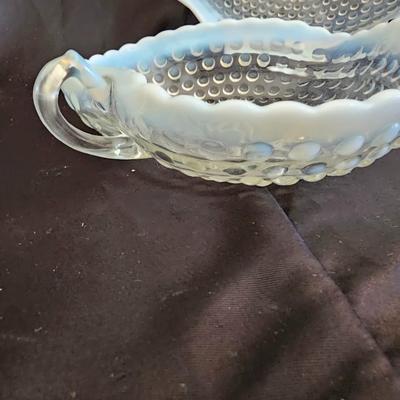 Beautiful Opalescent Moonstone 9½" Crimped Bowl and a Hocking Glass Moonstone Handled Heart Shaped Bon Bon Dish "Vintage"