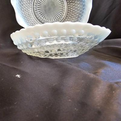 Beautiful Opalescent Moonstone 9½" Crimped Bowl and a Hocking Glass Moonstone Handled Heart Shaped Bon Bon Dish "Vintage"