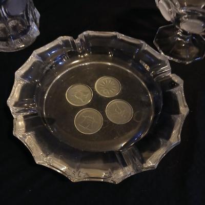 Three pieces of Fostoria glassware candy dish and Fostoria crystal pedestal dish and Fostoria Ashtray